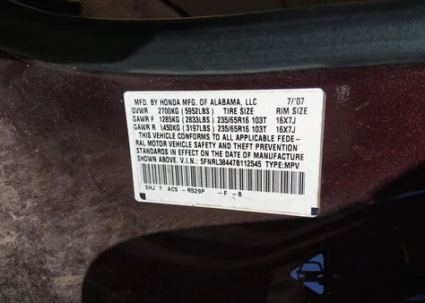 2007 Honda Odyssey Ex из США, поврежденный, VIN 5FNRL38447B112545